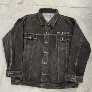 Rocawear Mens Big & Tall Black Denim Jacket Embroidered Logo Size 2X Trucker